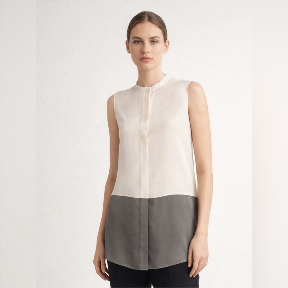 Vince Button Up Silk Tunic Tank Top Ivory & Grey, Size Medium